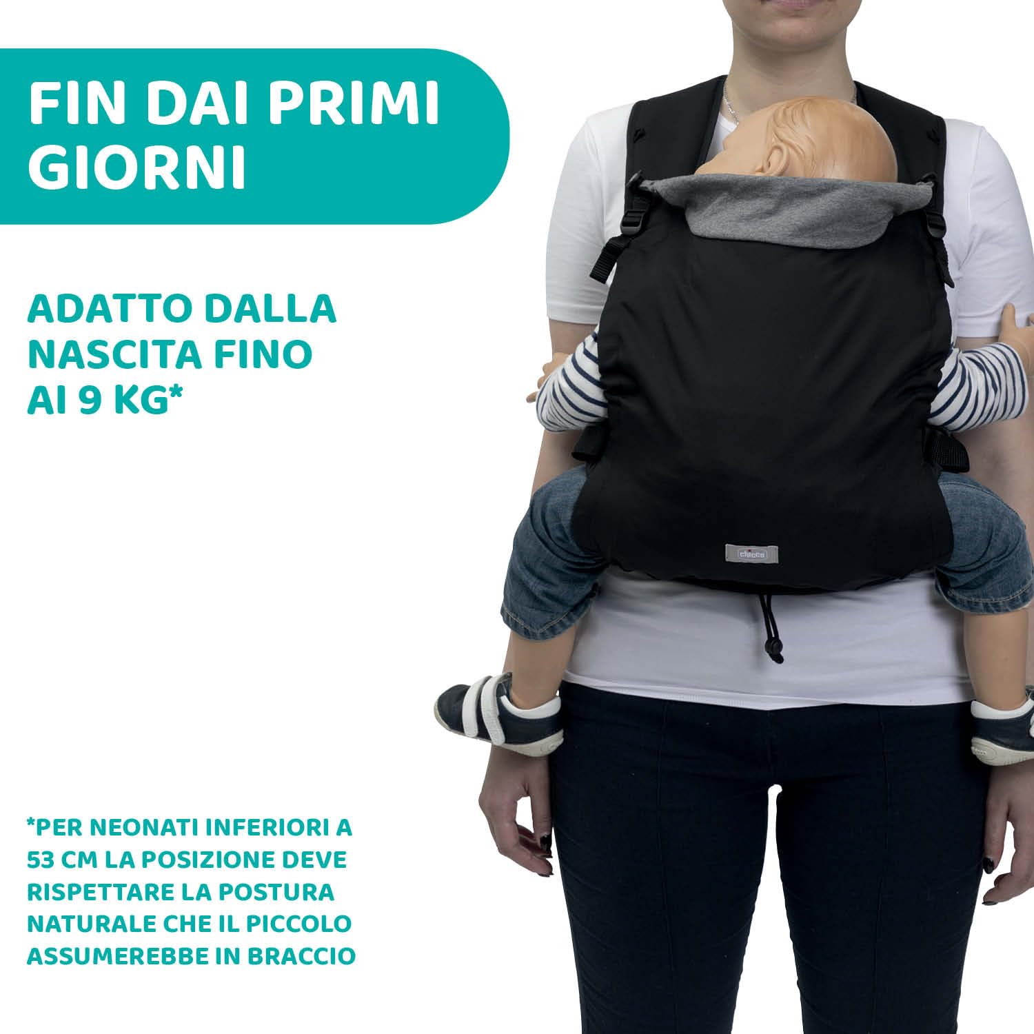 Chicco Skin Fit, Marsupio per Neonati Ergonomico, Per Bambini da 0 Mesi a 9 kg, Regolabile, Ottimo per le Anche dei Bebè, con Spallacci Incrociati e Imbottiti, Cintura Addominale, Con Cappuccio, Nero