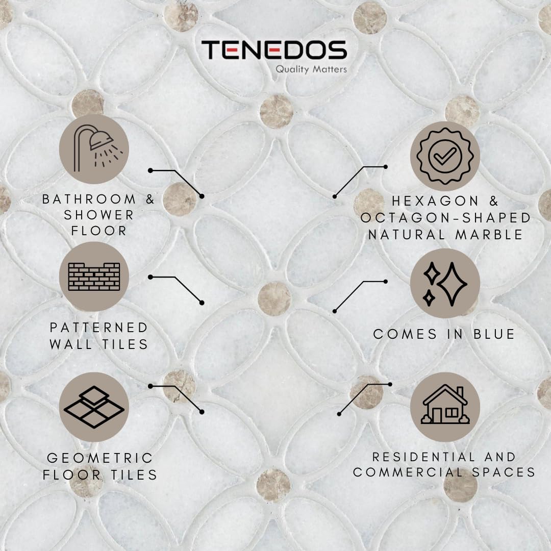 Tenedos HTC182 Timeless Petals Mosaic Tile – 1 Sheet of Elegant Floral Marble Design for Backsplash, Bathroom, or Accent Wall – Glue Down Installation