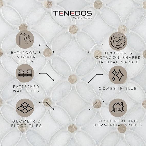 Tenedos HTC182 Timeless Petals Mosaic Tile 1 Sheet of Elegant Floral Marble Design for Backsplash, Bathroom, or Accent Wall Glue Down Installation