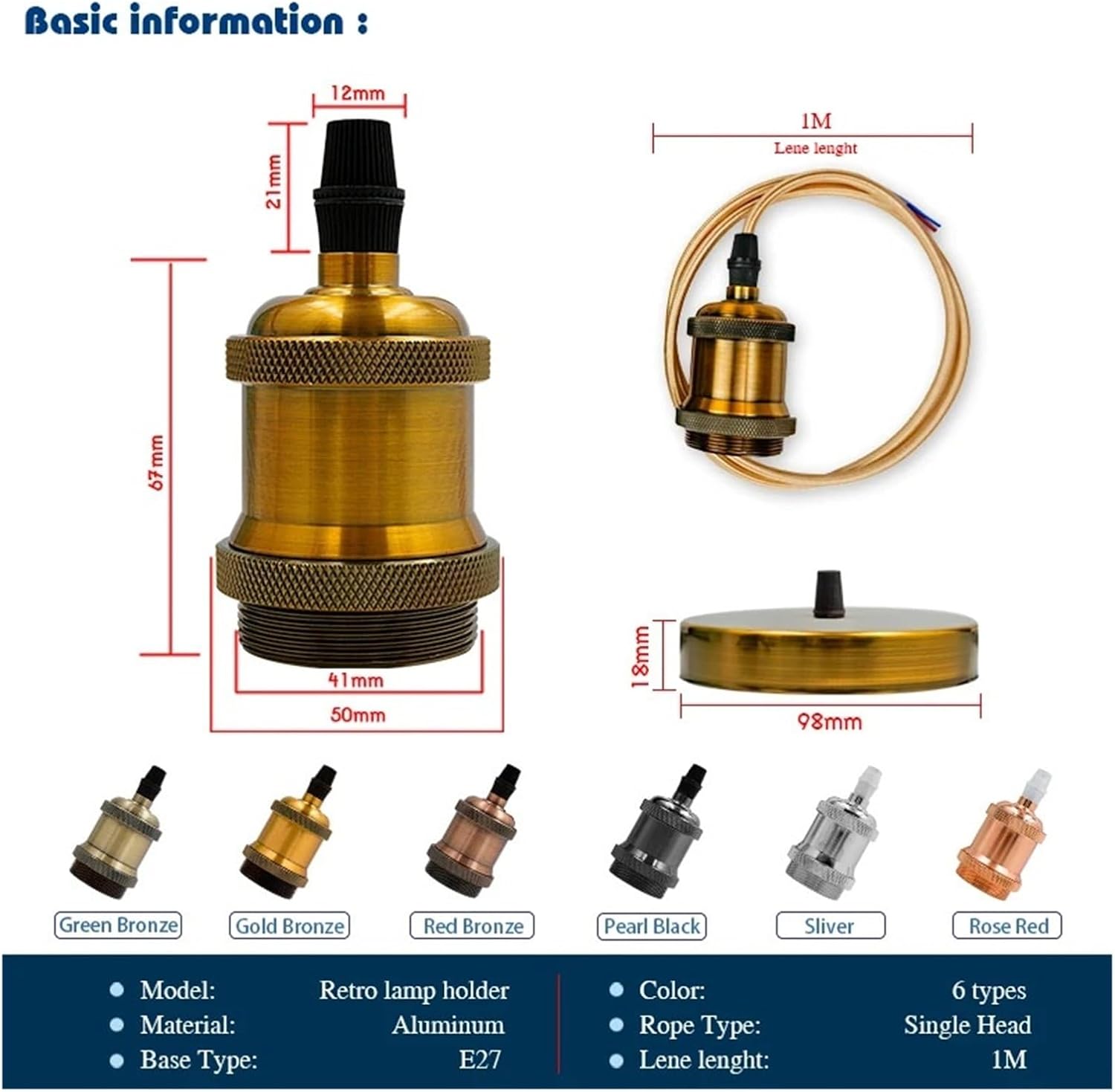 Vintage E27 E26 Light Bulb Holder - Retro Pendant Lamp Socket for DIY Indoor Lighting(Sliver)