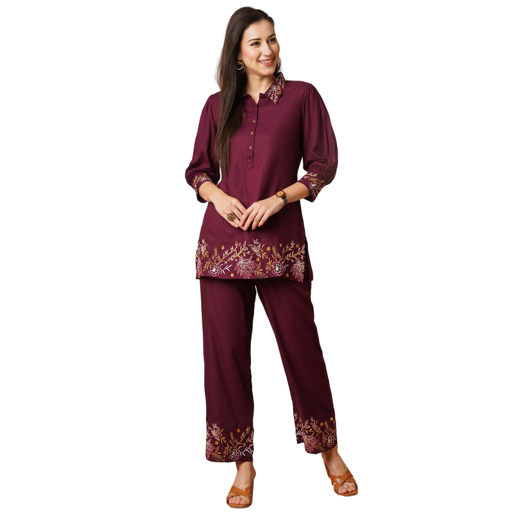 Women Rayon Floral Embroide Shirt Collar Cuffed Sleeves Top & Mid-Rise Partially Elasticated Ankle Length Pants Fusion Co-Ord Set-image-3