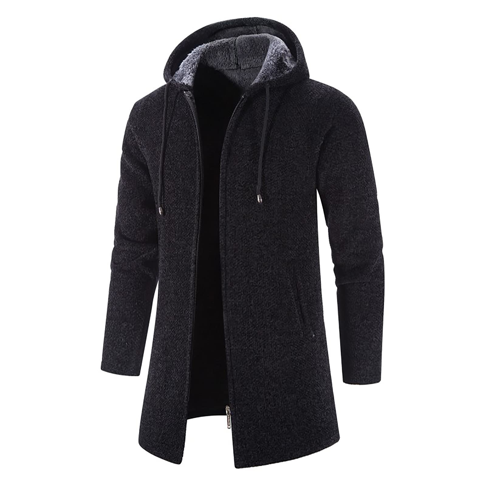 Trench Coat Men Long Winter Fleece Lined Jacket with Hood Oversized Hoodies  Solid Color Windbreaker Warm Hooded Overcoat Hoody Longline Outdoor