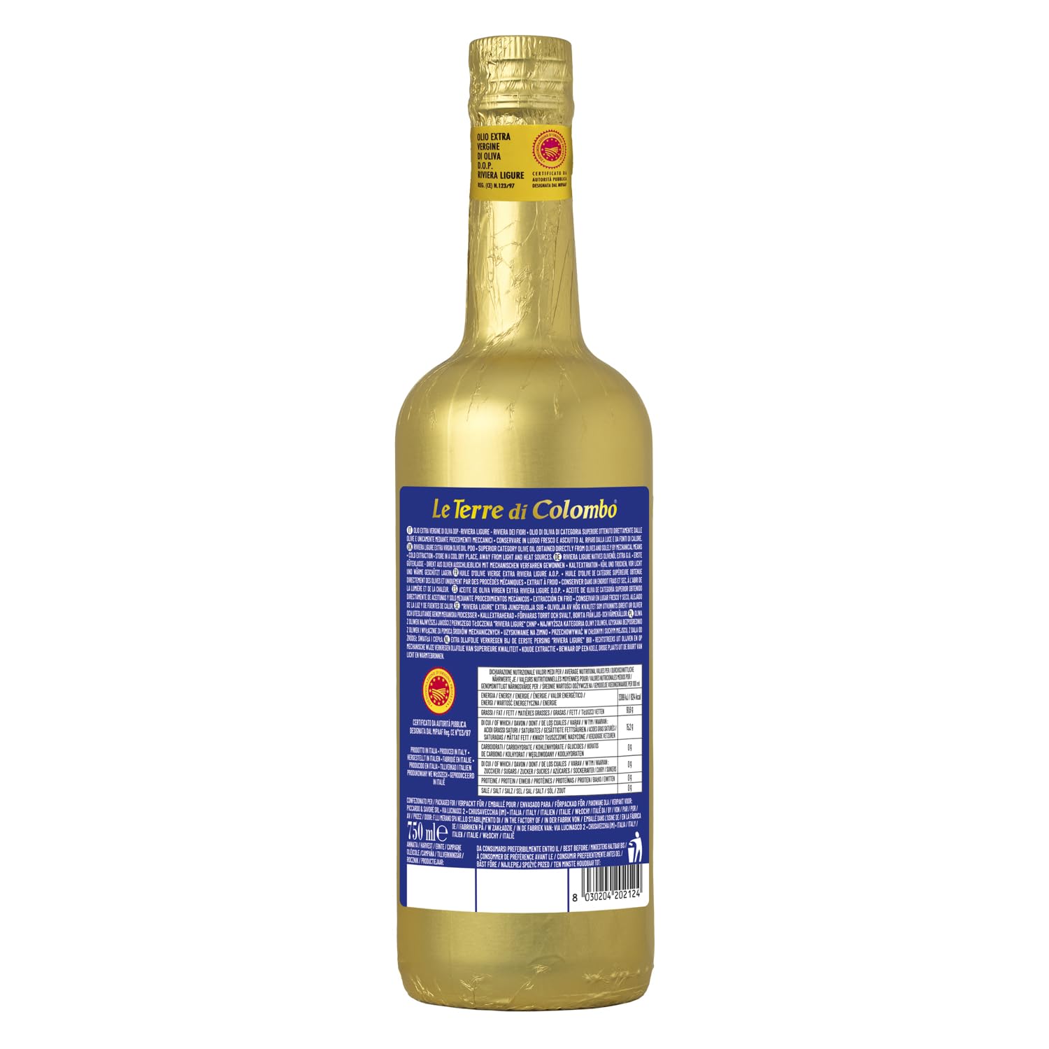 Le Terre di Colombo - DOP Riviera Ligure - Olio Extravergine d'oliva - Bottiglia Dorata - 0.75 litri