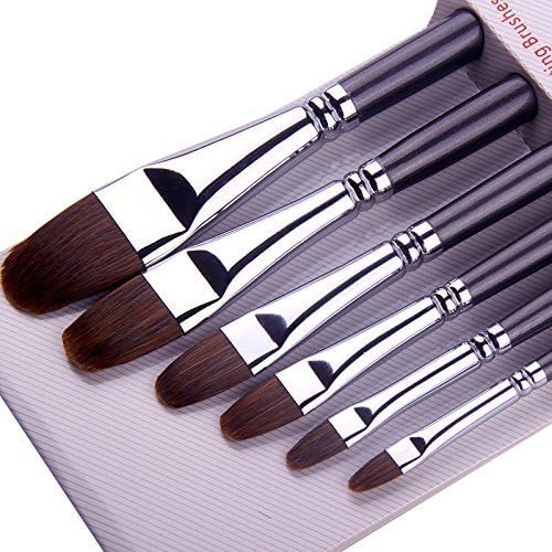 Red Sable Filbert Paint Brushes Set, Golden Maple 6PC Sable Oval Long Handle Paintbrushes for Watercolor, Acrylic, Tempera and Gouache Painting