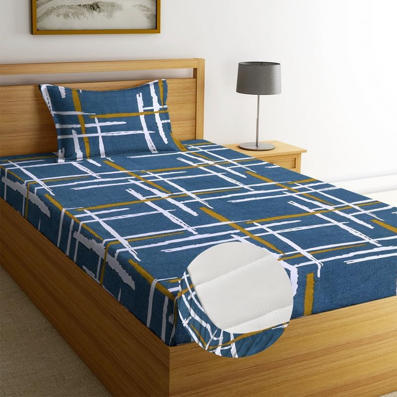 Image of Blue Strip Polycotton Fitted Bedsheet, Single 42x75 (Grey Line) | 300 TC | All-Round Elastic Grip | Soft, Breathable & Colourfast | Wrinkle Resistant | Machine Washable