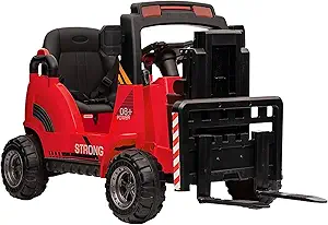 12V Kids Ride On Forklift Car, Electric Ride On Construction Car Toy for Toddles With Remote Control, Liftable Fork and Pallet, Low-Power Alarm, 2 Speeds, Music, Red