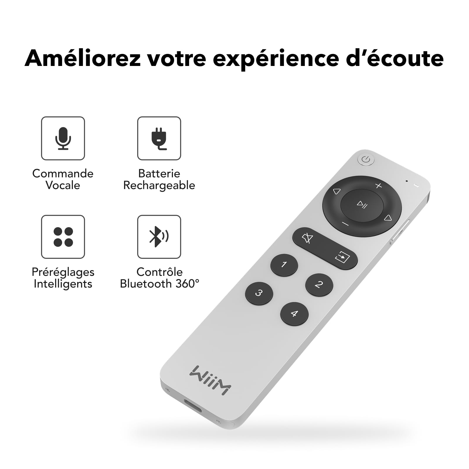 WiiM Voice Remote 2 pour streamer et amplificateur de musique | Push-to-Talk, 4 boutons intelligents | Batterie rechargeable | Design en aluminium | Télécommande Bluetooth