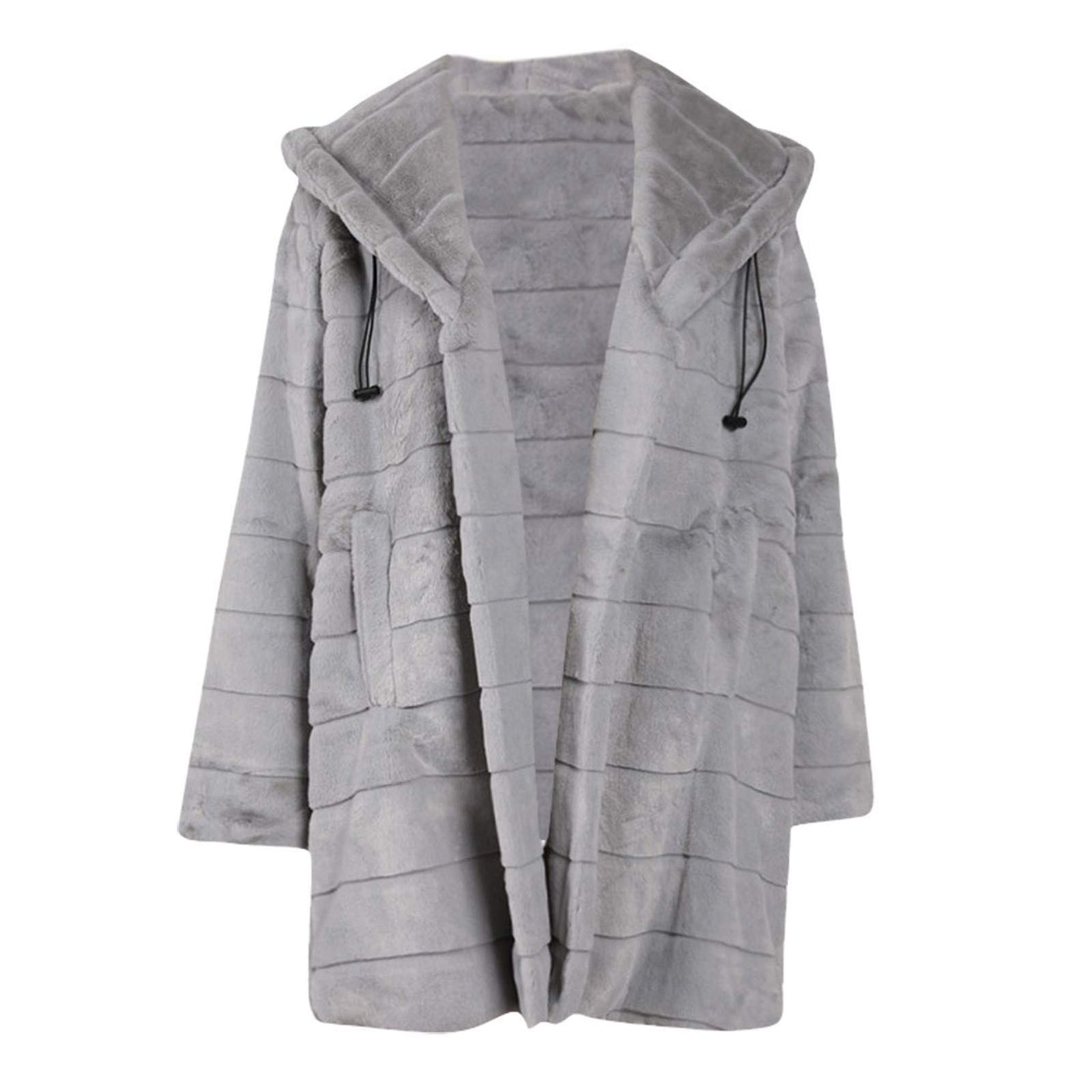 Chaqueta de felpa larga y elegante para mujer, abrigo de invierno para mujer, cálido en la parte delantera, de piel sintética, con cordón, con capucha, con bolsillos, abrigo de entretiempo, abrigo