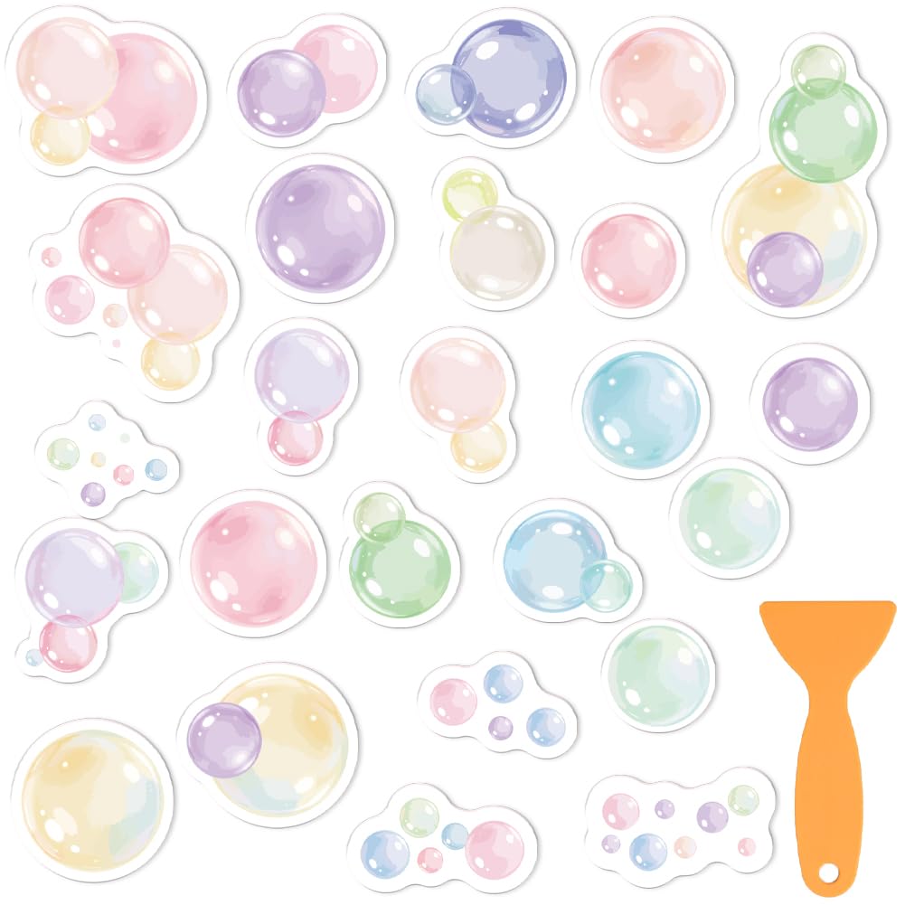 PRESSINART 25Pcs 25 Colors Bubbles Bathtub Non Slip Stickers, Shower Floor Decals Peel and Stick Colorful Bubbles Self Adhesive Waterproof Safety Grips with Scraper for Tub Tiles Bathroom Home Decor