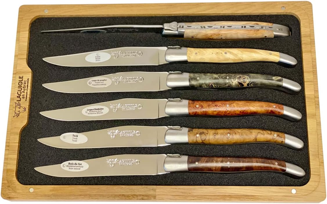 Laguiole en Aubrac Luxury Fully Forged Full Tang Stainless Steel Steak Knives 6-Piece Set, Mixed Burl Wood Handles, Stainless Steel Brushed Bolsters