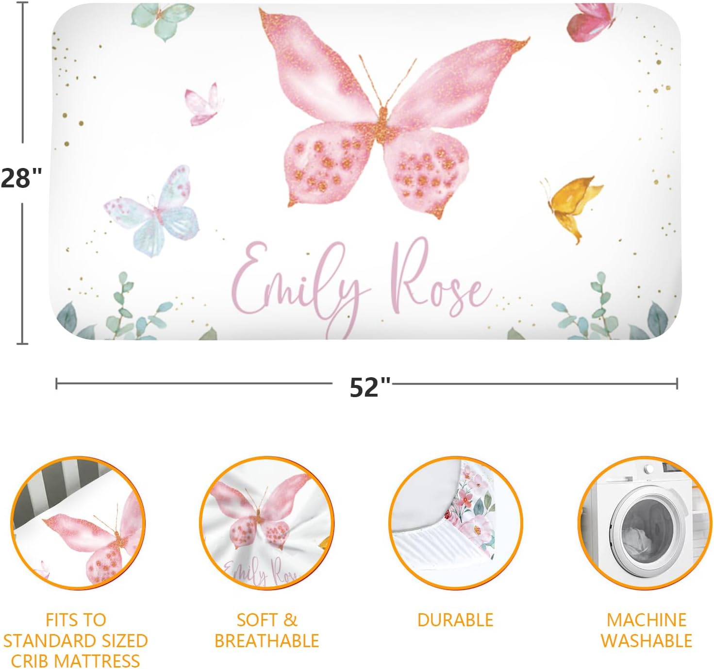 Custom Baby Crib Sheets - Personalized Name Fitted Bed Sheet for Standard Crib Mattress Cover - 2 Pack Butterfly Designs Toddler Sheets for Girls Boys Gift Color03