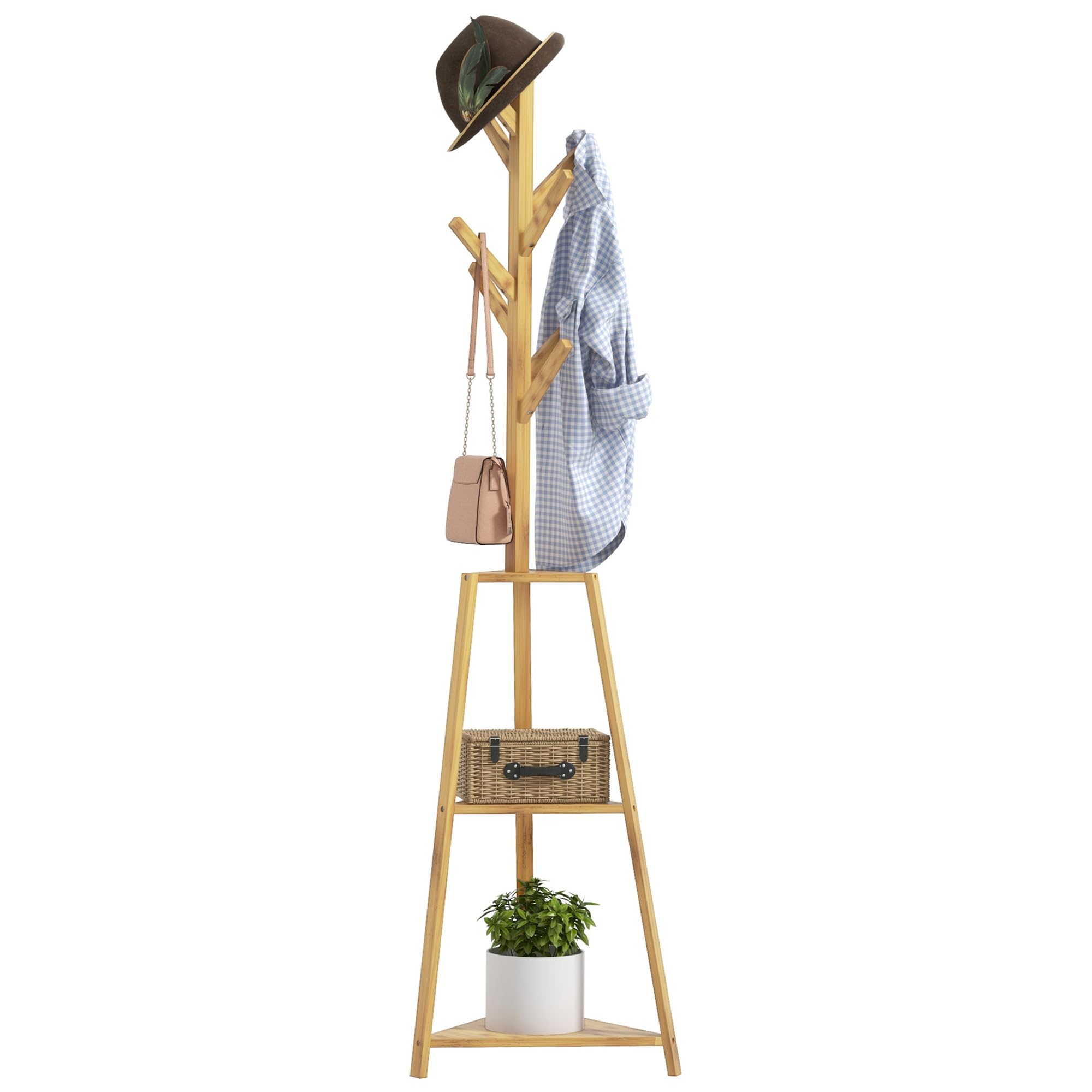 Fini le désordre dans l'entrée grâce au portemanteau sur pieds en bois avec étagères HOMCOM