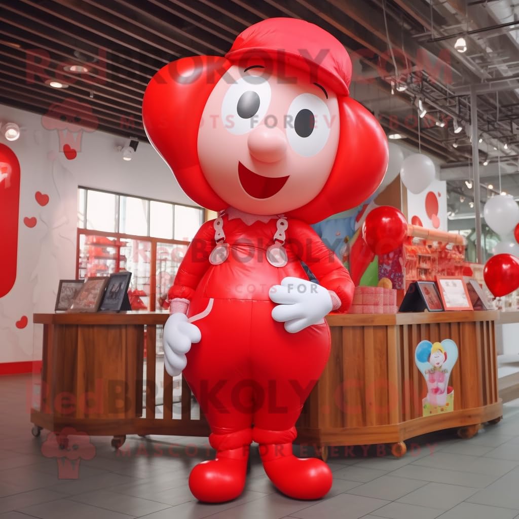 Palloncini rossi a forma di cuore mascotte costume personaggio vestito con un salopette e orologi