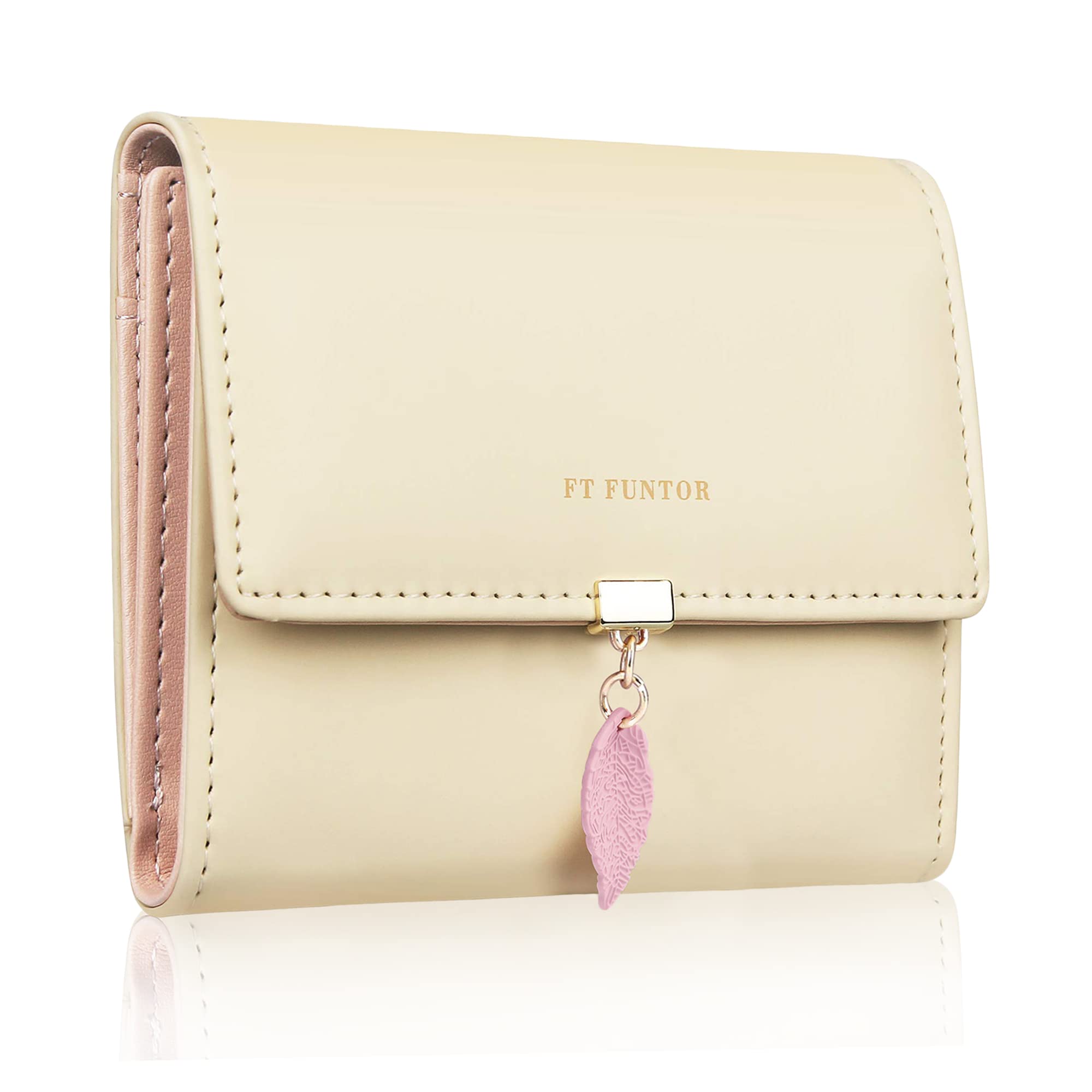 FT FUNTOR RFID Wallets for Women, Leaf Card Holder Trifold Ladies Wallets Coins Zipper Pocket with ID Window (9.5-Cream)