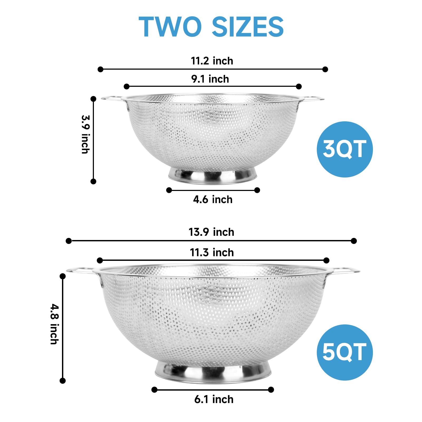 2 scolapasta per cucina, 0,9 e 1,5 l, in acciaio inox, con manico, per frutta, verdura, cottura alimenti, lavabile in lavastoviglie