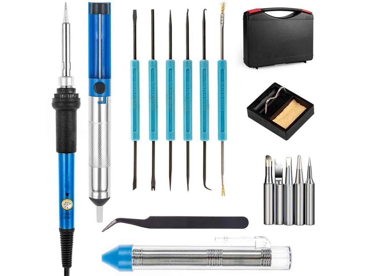 Soldering iron kit, Corn 16-in-1 60W 110V Adjustable Temperature Welding Soldering Iron with Desoldering Pump, 5pcs Different Tips, Stand, Anti-static Tweezers, Additional Solder Tube, and Carry Case