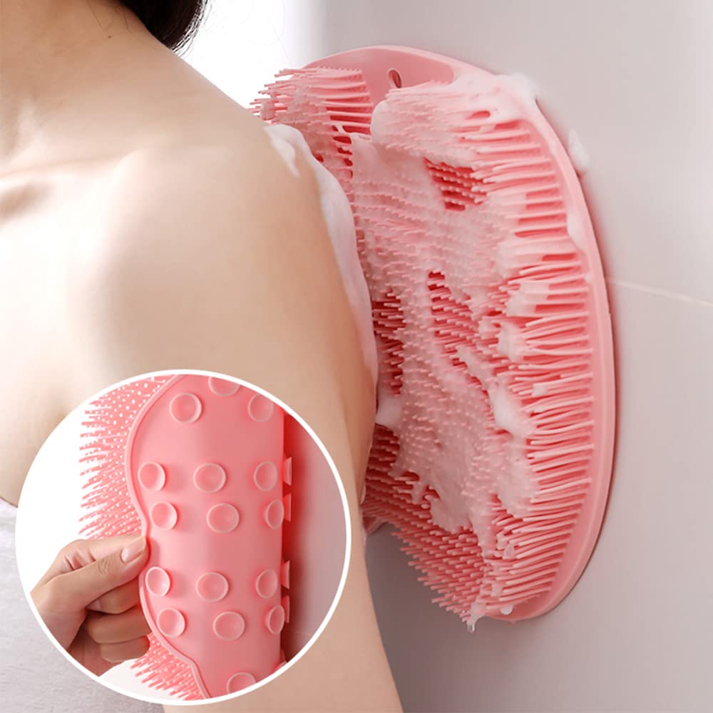 Shower Foot Scrubber Mat with Non-Slip Suction Cups, Foot Back Cleaning Pad Back Washer Exfoliating Bath Wash Pad, Wall Mounted Slip Suction Cups for Use in Cleaner Men and Women (Pink)