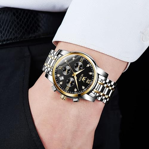 Miniatura 3 de OLEVS Reloj cronógrafo de acero inoxidable para hombre, esfera grande, dorado, plateado, tono negro, fácil de leer, reloj de cuarzo analógico, de