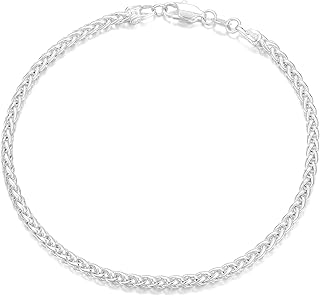 Silver Bracelet for Men, 925 Sterling Silver 3MM Wheat Chain Bracelets Diamond Cut Silver