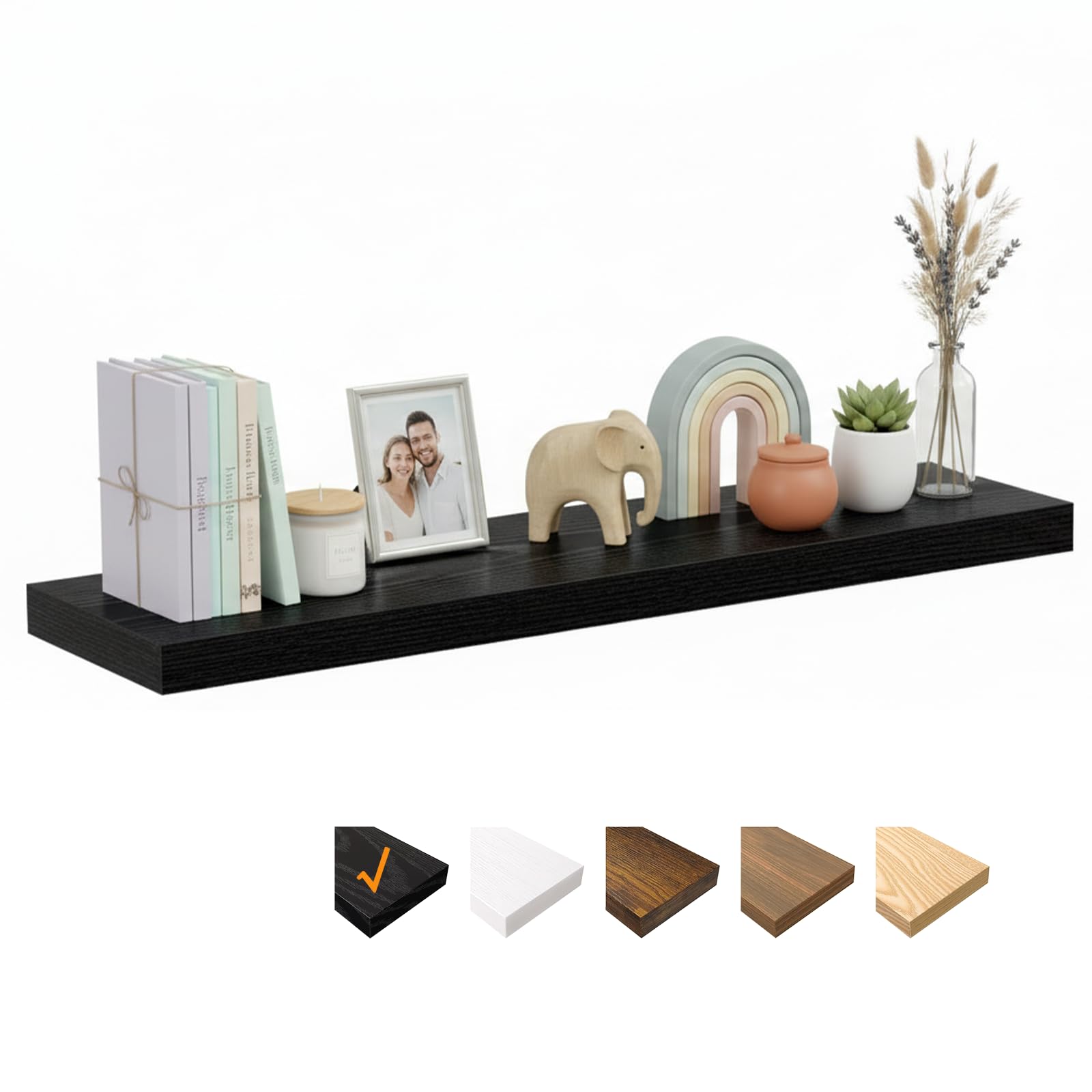 RICHER HOUSE Black Floating Shelves for Wall, 120 x 23.5 x 3.8 cm Wooden Shelves, Wall Decor with Invisible Brackets for Bedroom, Living Room, Bathroom, Kitchen, Laundry, Office