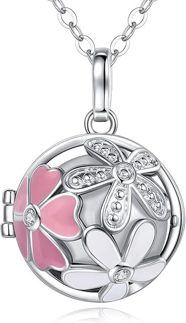 EUDORA Harmony Ball Daisy Flower Chime Ball Locket Pendant Necklace for Women Baby Girls Lovely Jewelry Gift, 88.9cm