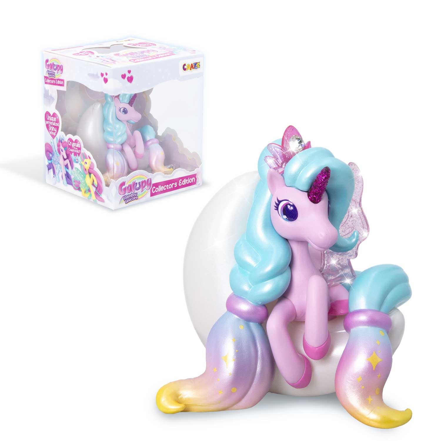 Galupy Rainbow Unicorn Collector Edition Dreamy Unicorn Toy Collectable Unicorn Figures with Glitter Wings and Swarovski Crystal, Pink & Blue