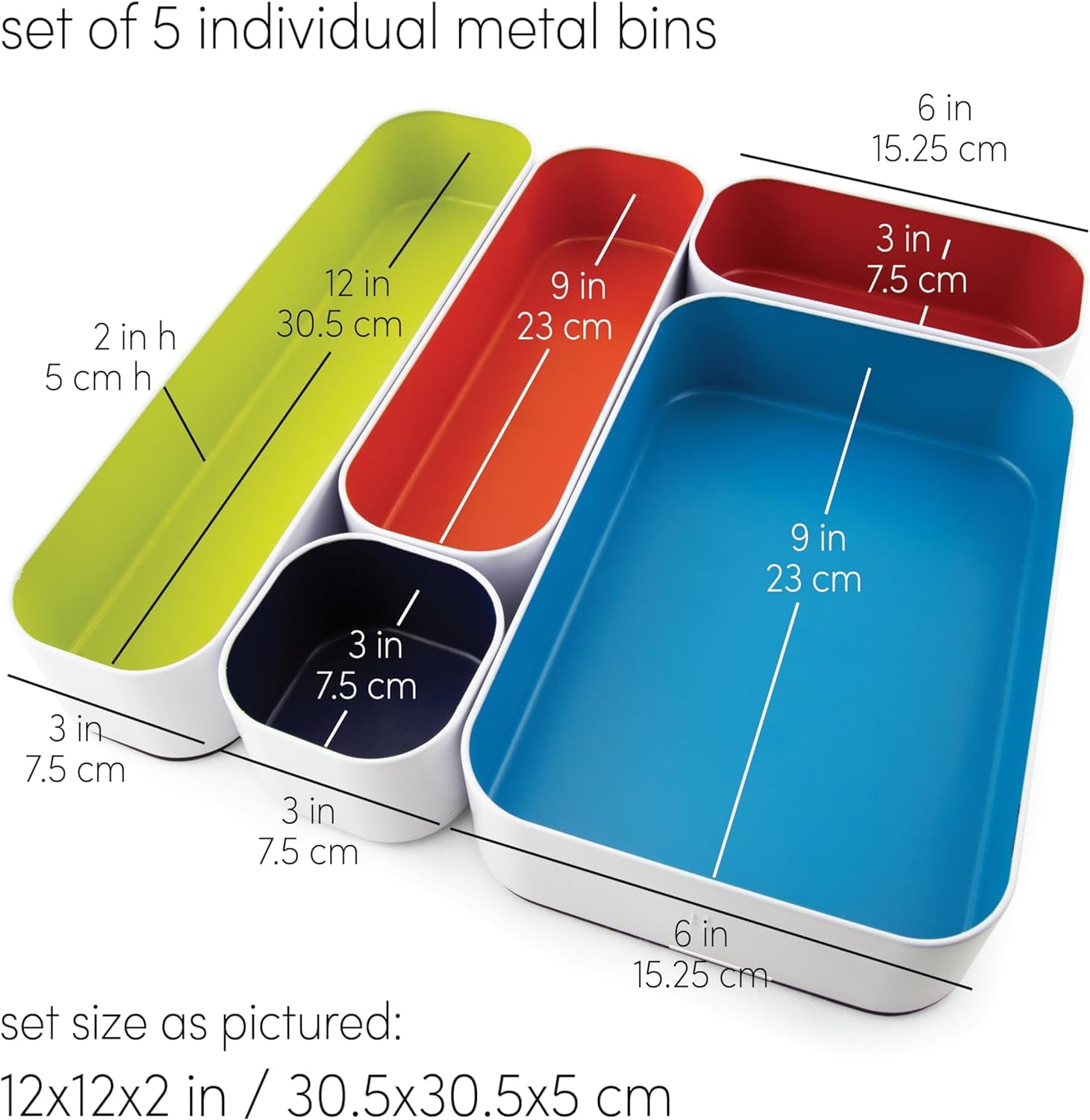 Three by Three Seattle Lot de 5 plateaux de rangement en métal pour le maquillage, la papeterie, les ustensiles et plus encore dans les tiroirs de bureau, de cuisine et de salle de bain (5,1 cm,