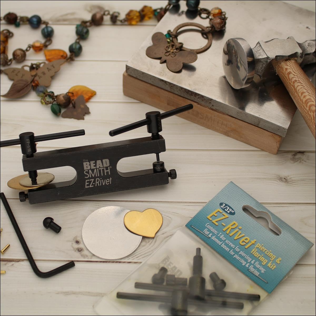 The Beadsmith EZ Rivet Piercing & Flaring Kit - Includes 3/32" T-bar Screws and Flat & Domed Bases for Piercing & Flaring - Domed Base for Use with Rings – Flat Base for Sheet Metal Up to 18 Gauge