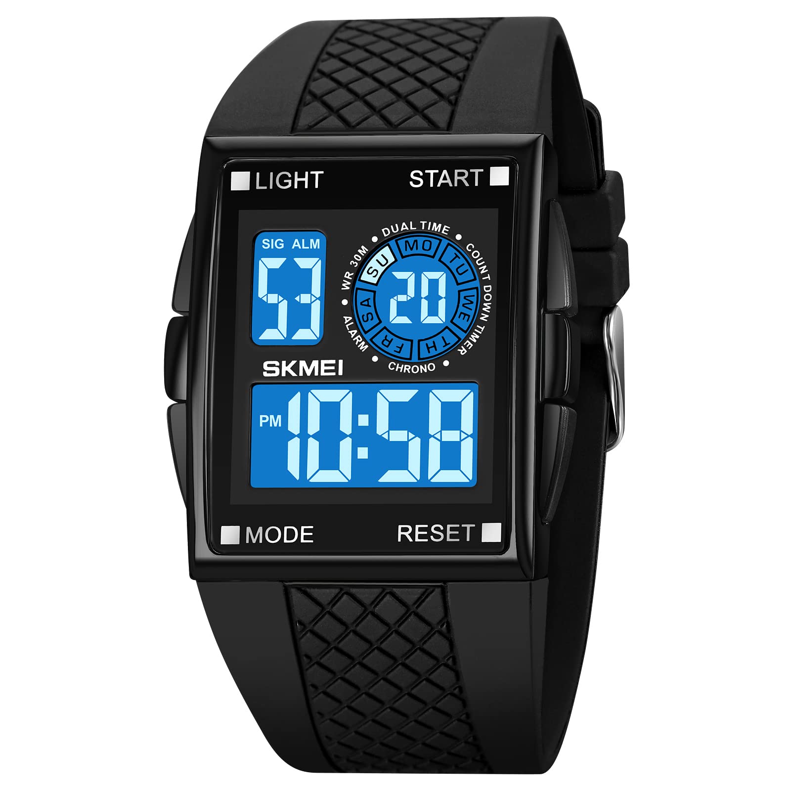 Men's Rectangle Dial Sports Wrist Watches with 7 Colors Optional LED Backlight Multifunctional Alarm Stopwatch 12/24H Rubber Strap Watch