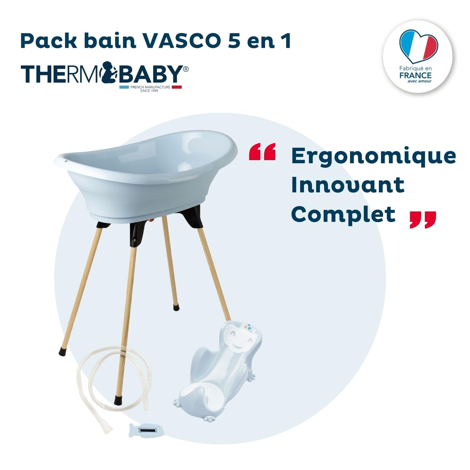 THERMOBABY - Pack Baignoire Bébé VASCO 5 En 1 - Baignoire, Pied En Bois, Tuyau De Vidange, Transat De Bain, Thermomètre - Fleur Bleue - Pliable & Stable - Fabriqué En France