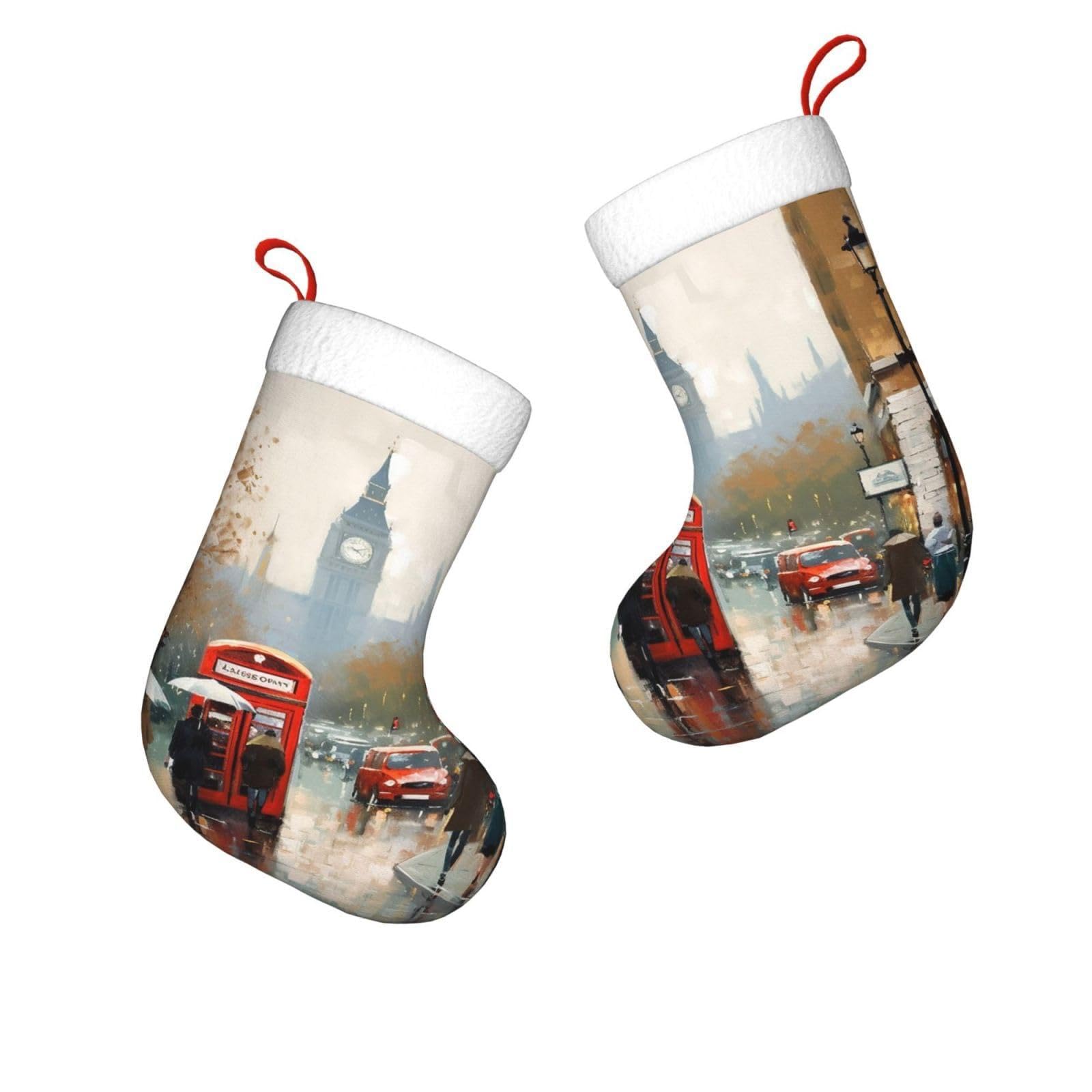 FodPand 17.7" Christmas Stocking 1 Piece, London Impression Xmas Stockings with White Plush Cuff Fireplace Hanging Stocking for Christmas Holiday Party Decoration