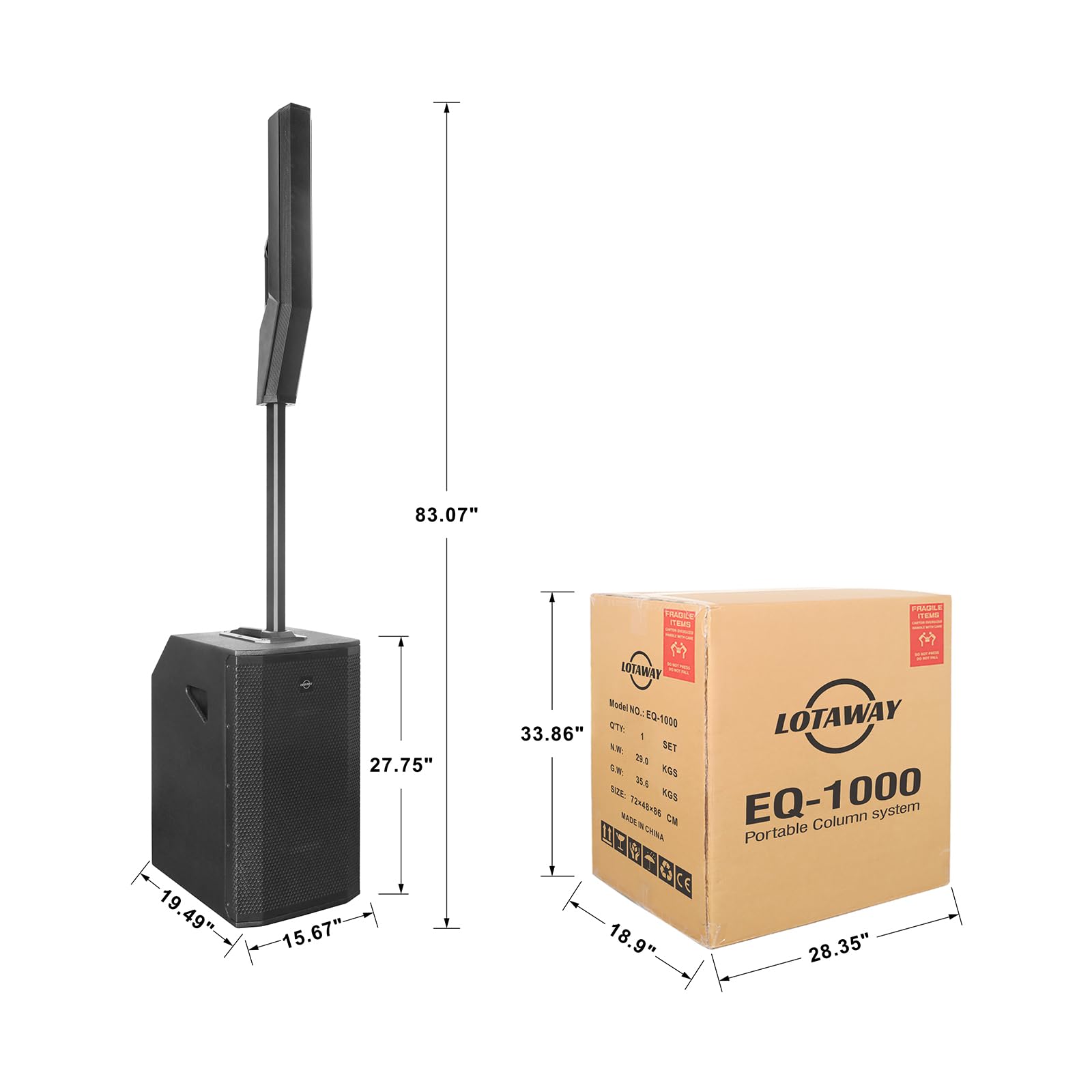 LOTAWAY EQ-1000 15" Column Line Array Speaker System 3600W Outdoor Indoor Portable PA Set with 4 Channel Mixer Powered Tower DJ Speakers Bluetooth Wireless with 15 inch Subwoofer for Party,Gigs,Club
