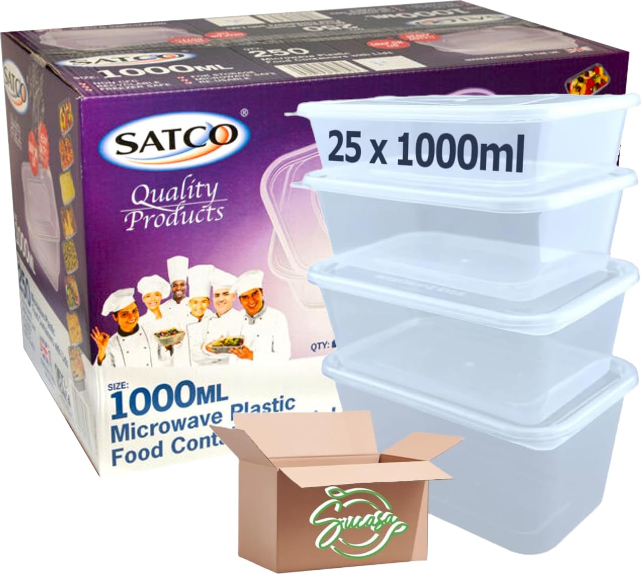 Sucasa Transparent Plastic Food Takeaway Heavy Duty Satco Plastic Containers With Lids 25X1000ml | Durable Microwavable | Heavy Duty | Takeaway | Reusable & Disposable