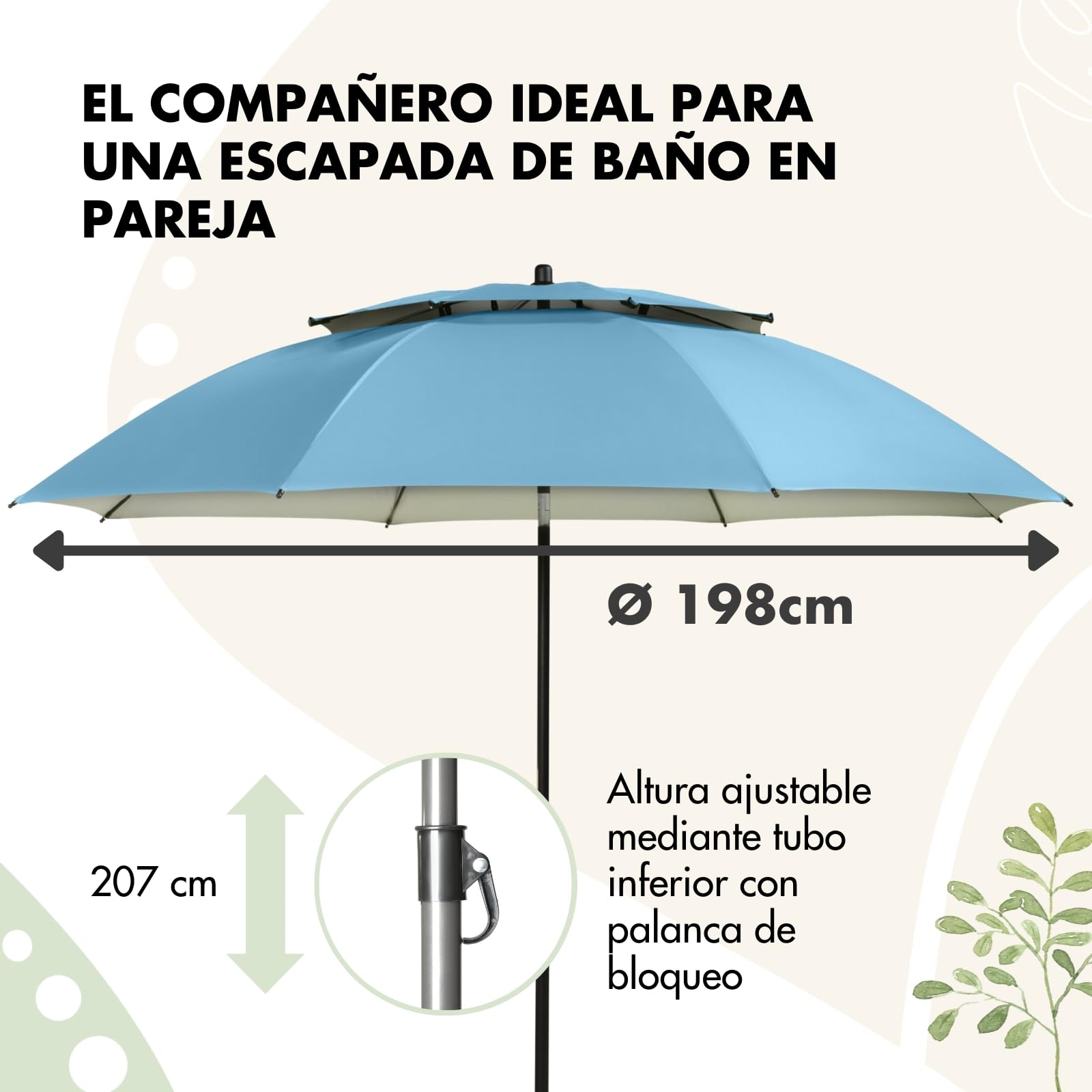 Doppler derby Sombrilla de 200 cm, sombrilla para playa, balcón y terraza, altura regulable, con protección UV, sombrilla plegable, para playa y piscina al aire libre