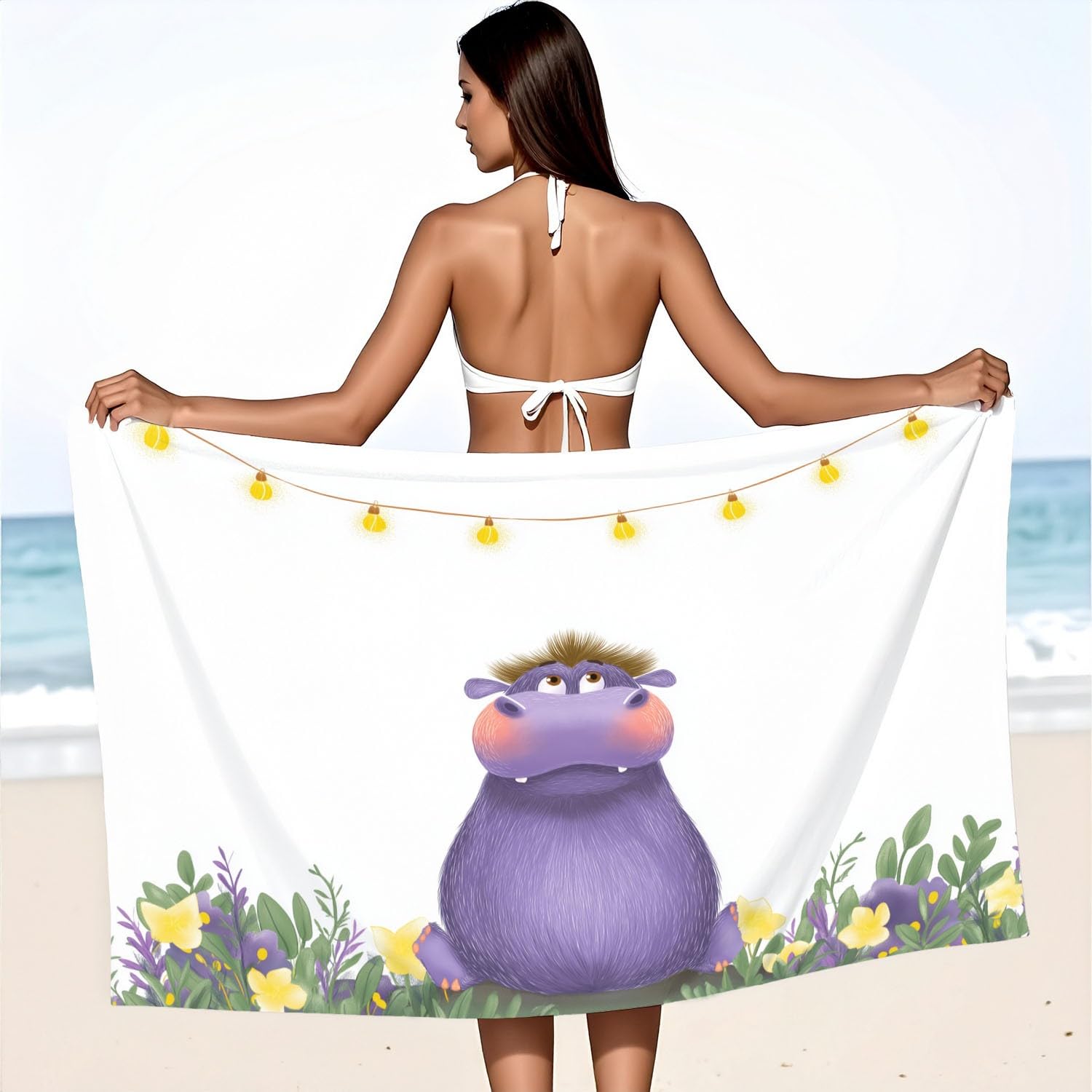 Gemütlich, Skurril, Tier, Beruhigend Strandtuch 230 x 210 cm – Saugfähiges Schnell trocknendes Strandtuch Pferde, Lichterketten, Blumen, Grüne Blätter für Campen, Picknick, Ausflüge