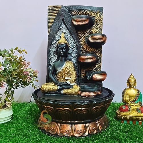 Image of Meditating Buddha Four Step Diya Water Fountain for Home Decor /Office /Indoor & Outdoor /Garden /Puja Room /Vaastu with Multicolor LED Light and Adjustable Water Pump (D-067)