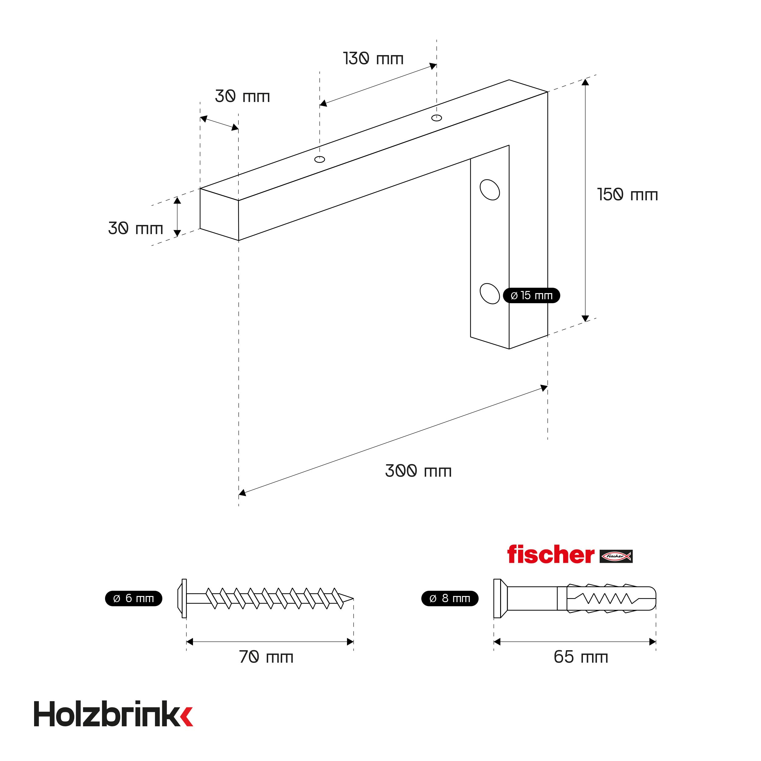 HOLZBRINK Escuadras para estanterías 30x15 cm HLA-B (2 uds.) | Escuadras metalicas para encimera de lavabo baño, soportes estanterías | Color: Negro