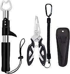 Alicate de pesca, alicate de anel dividido, kit grande de ferramentas de pesca em água salgada com alça de borracha, linha de cordão, cortador e bainha de removedor de anzol