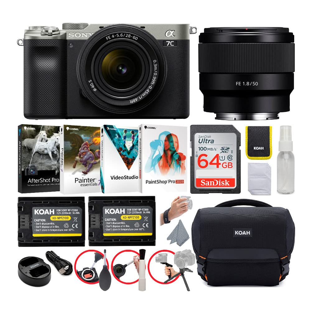 Sony Alpha a7C Full-Frame Compact Mirrorless Camera (Silver) FE 28-60mm f/4-5.6 Bundle with 50mm f/1.8 Lens, 64 GB Memory Card, Charger and Aceessories (6 Items)