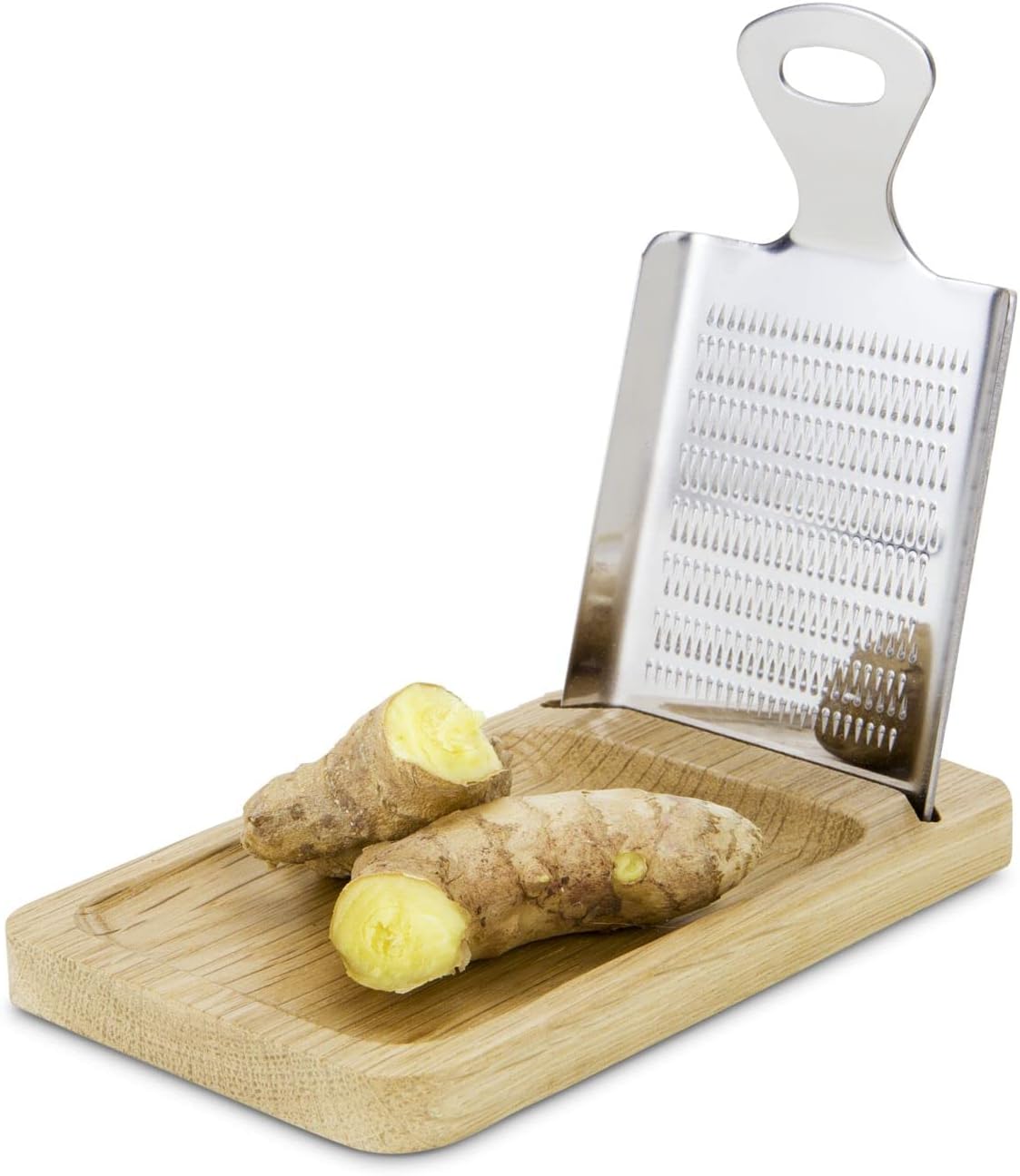 ROMINOX Gift Item Spice Grater // Aroma, Exclusive Stainless Steel Grater with Oak Wood Stand, Integrated Shelf, Ideal for Grating Salt Stones, Ginger, Turmeric, Garlic, Approx. 12.5 x 8 x 2 cm