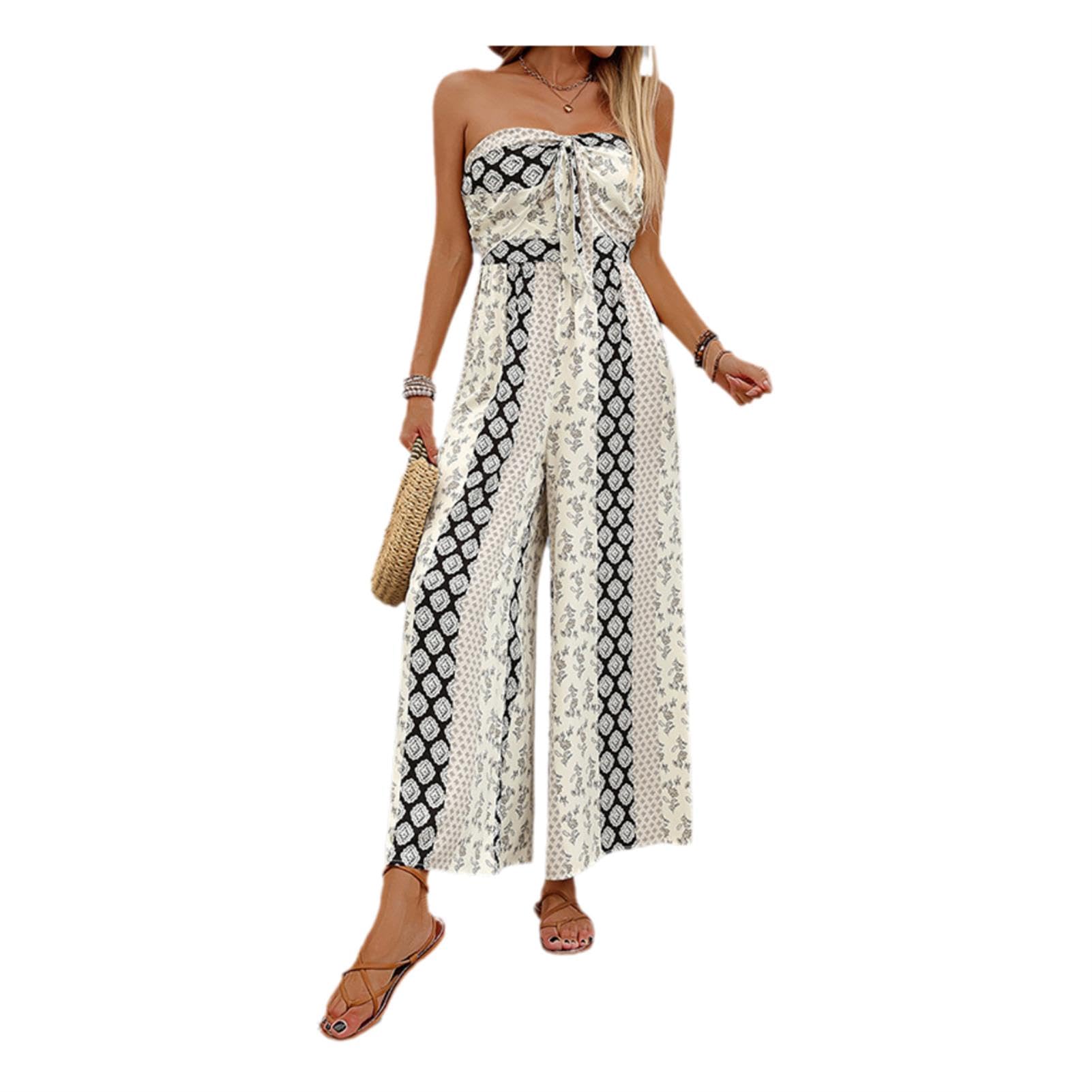 Boho monos de las mujeres - Floral sin mangas tubo mono, cintura alta pantalones largos para trajes de verano
