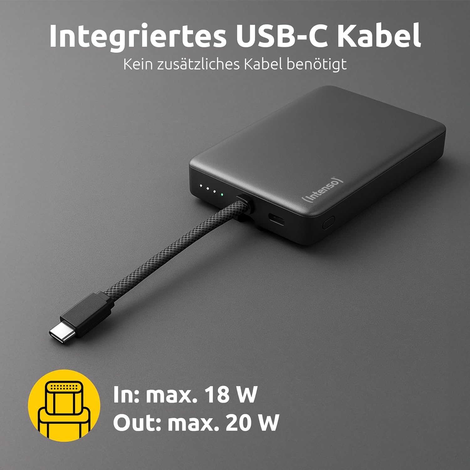 Powerbank Intenso MC10000 Con Retro Magnetico E Cavo USB-C Integrato – 10.000mAh, Ricarica PD 3.0 20W, LED E Testato In Germania