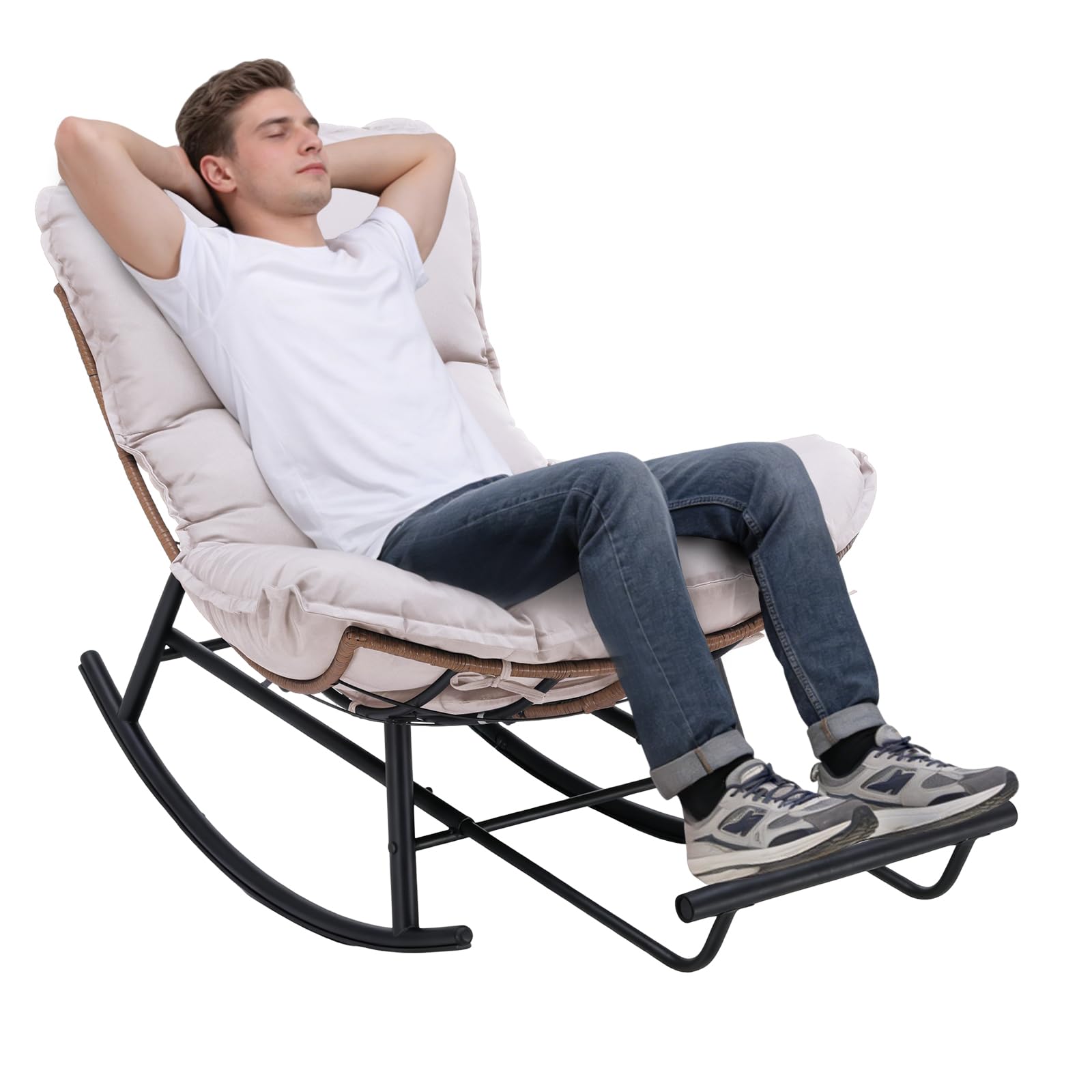 COMHOMA Fauteuil à Bascule, Fauteuil de Relaxation, Structure en Acier, Repose-Pieds Extensible, Coussin Amovible, Charge maximale : 136 kg, pour Chambre à Coucher, Salon, terrasse, Jardin, Beige