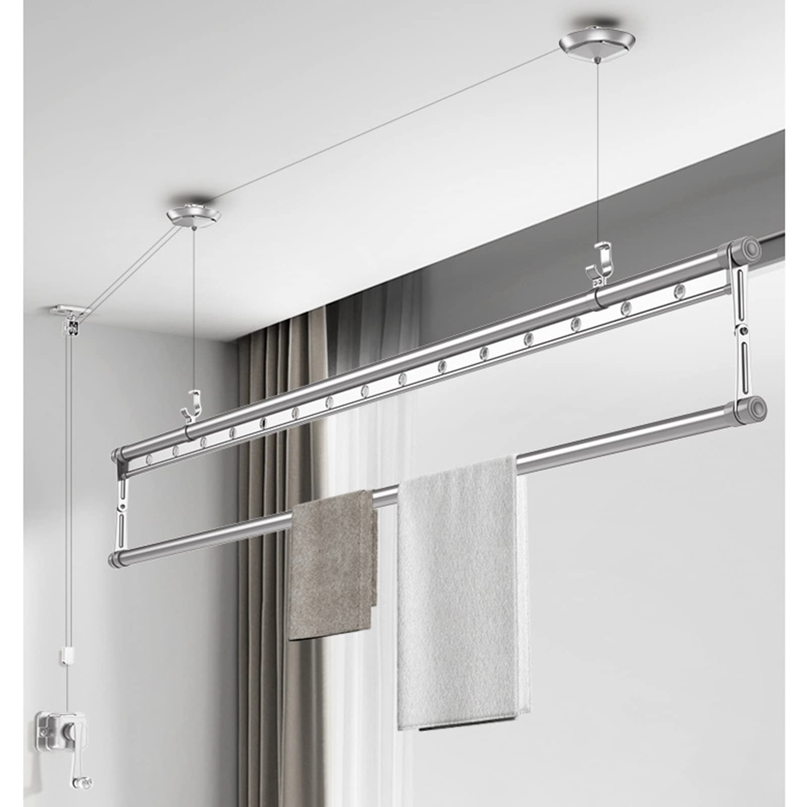 Stendibiancheria da soffitto in lega di alluminio – asta portabiancheria pieghevole da 150 cm, sistema di pulegge per balcone interno, salvaspazio, leggero, design portatile, finitura argento
