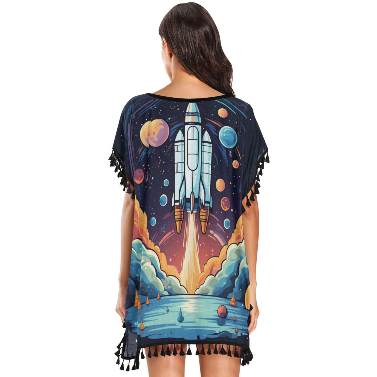 Art Space Rocket Purple Stars Women's Beach Cover Up Chiffon Tassel Swimwear Swimsuit Coverups for Girl
