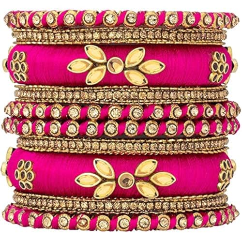 Aheli Royal Design Silk Thread Bangle Set Saree Matching Chuda Indian Traditional Wedding Fashion Jewelry Gift for Women (Silk Rani Pink-Faux Stone, 2.8)