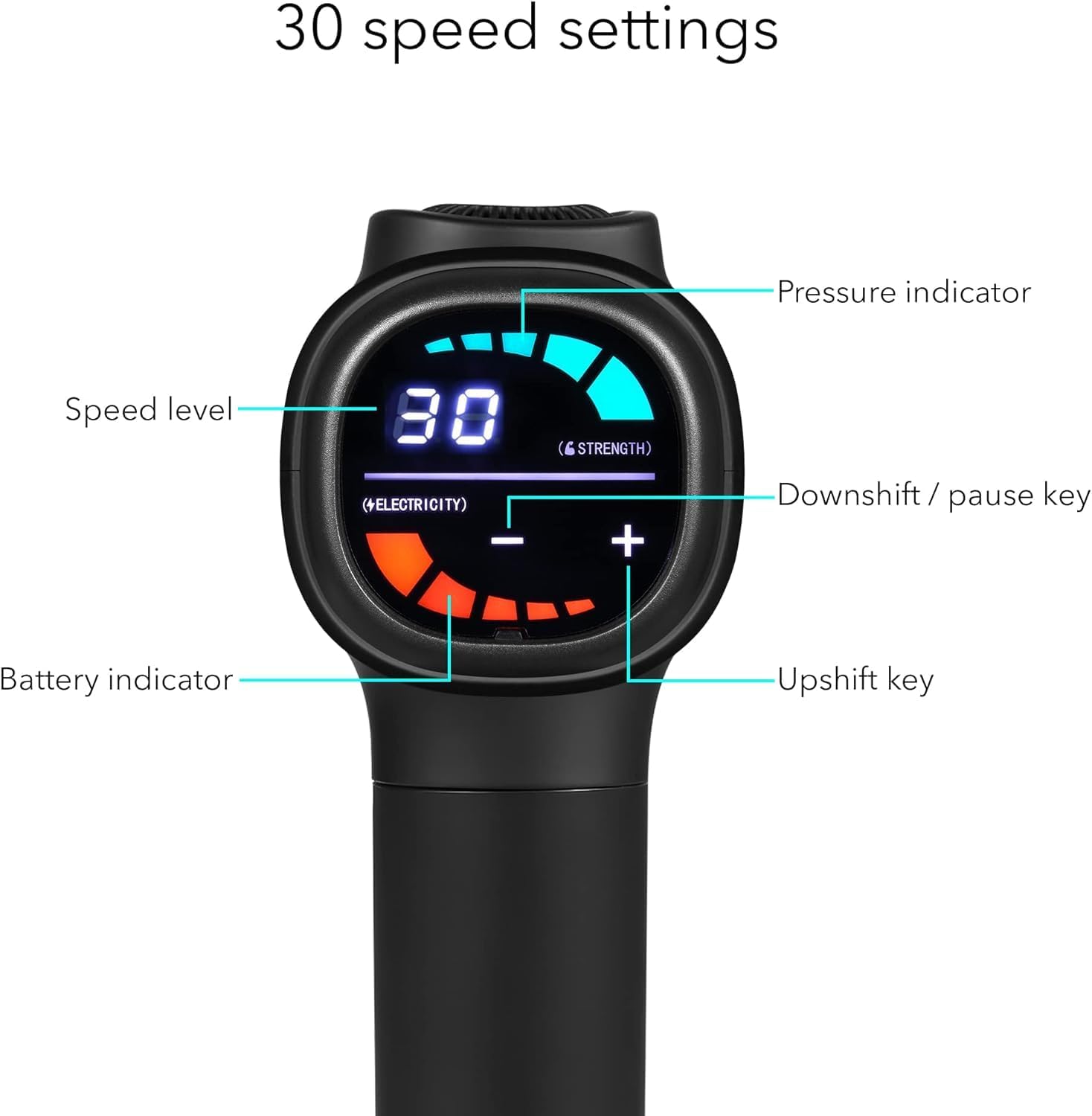 Close-up of Dartwood massage gun digital display with labels