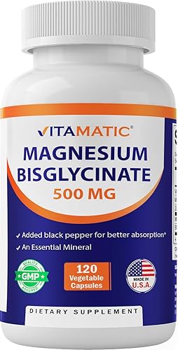 Vitamatic Bisglicinato de magnesio 500 mg - 120 cápsulas vegetarianas - Zinc, vitamina D3 y pimienta negra añadida - Apoya la salud muscular,