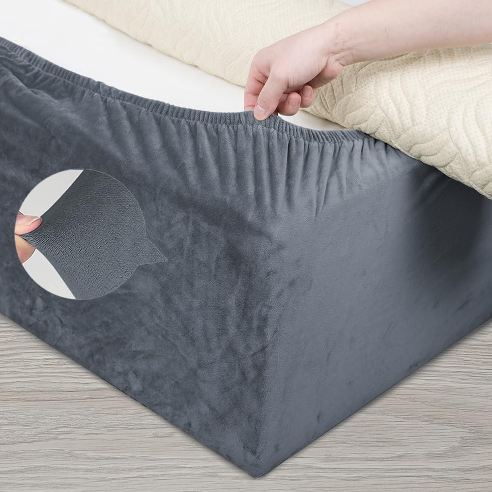 DUJUIKE Velvet Bed Frame Cover, Bed Base Wrap Cover, Alternative to Traditional Valance Bed Sheet Skirt Cover, Fully Elastic Around The Base of Your Bed, Easy to Install (Grey, Twin Bed Width:47-51")
