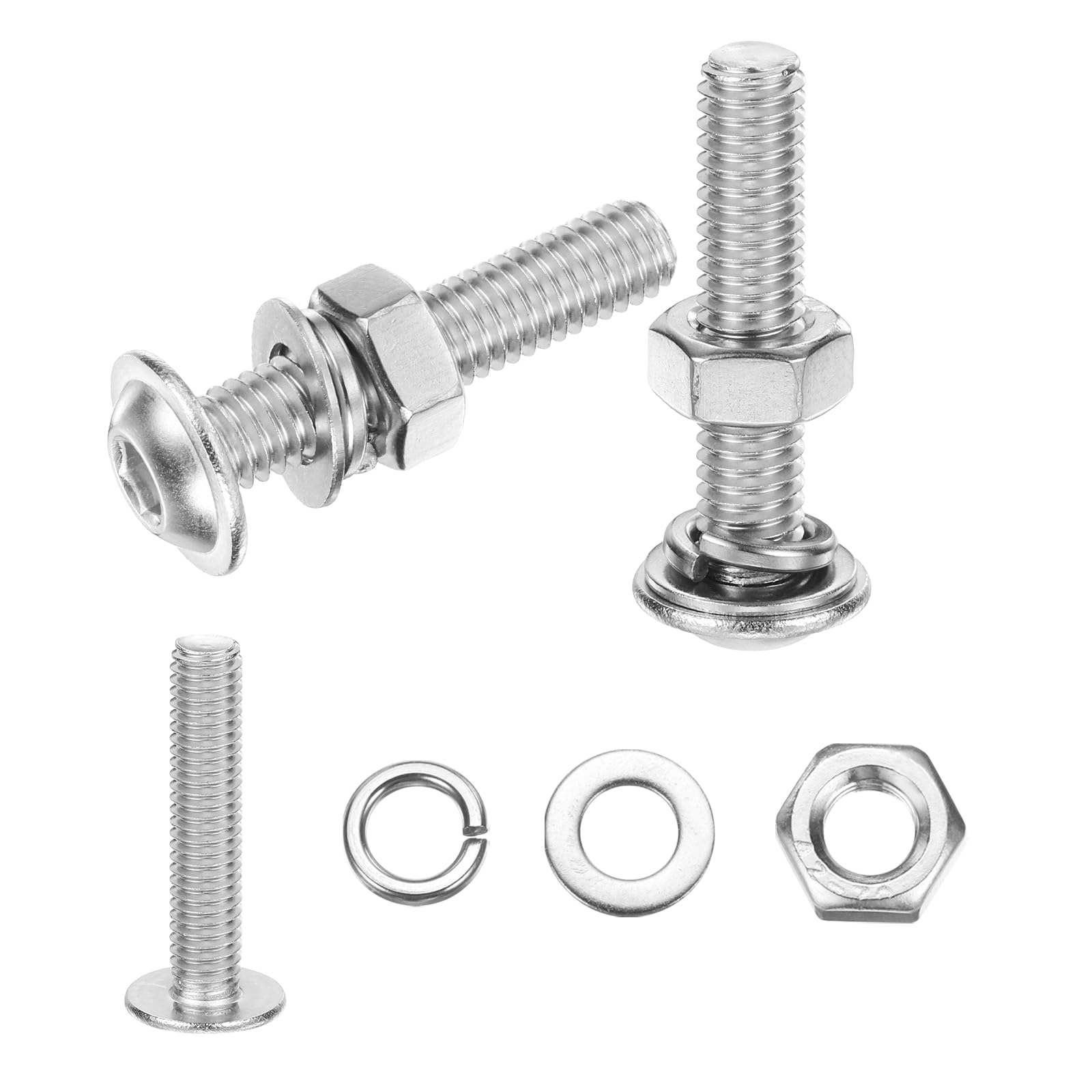 sourcing map 10Pcs M6 x 30mm Flanged Button Head Socket Cap Screws, 304 Stainless Steel Socket Drive Fasteners Bolts with Nuts Flat & Lock Washer, Silver Tone